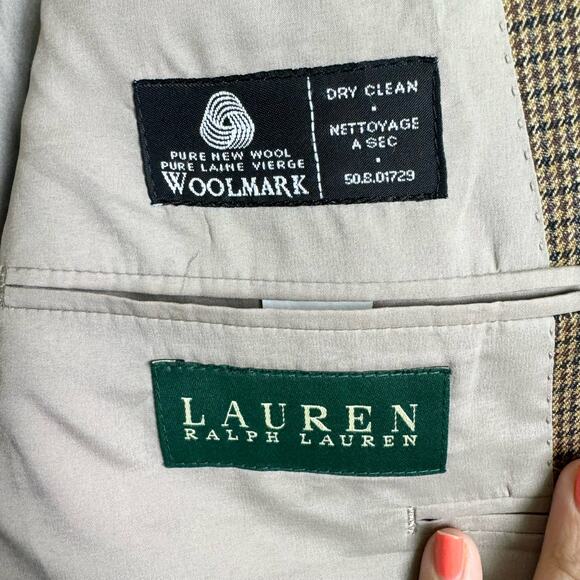 Lauren Ralph Lauren Brown Tan Houndstooth Men's Wool Sport Coat Blazer Size 42R - Picture 6 of 9